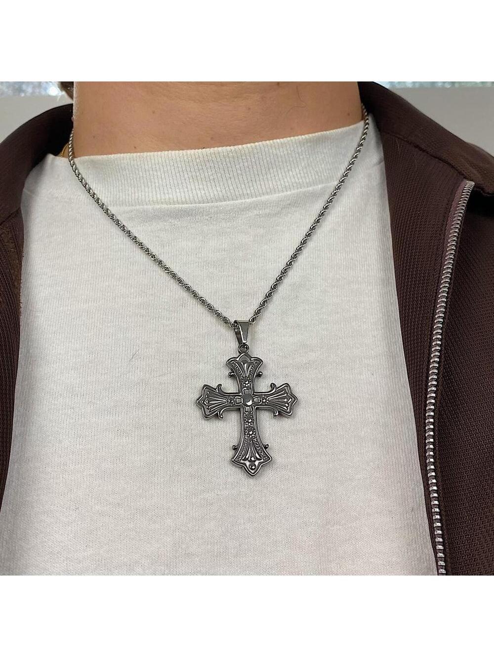Stainless steel y2k style gothic silver cross pendant necklace. 20 inches - Picture 7 of 8